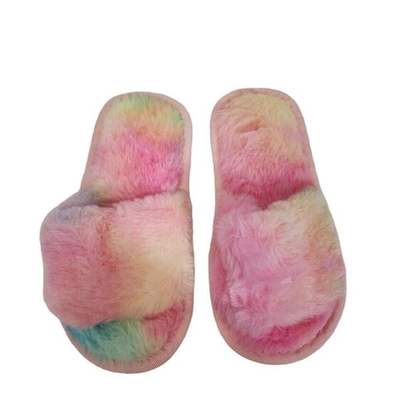 TechCity girls Fuzzy House Slippers‎ in Rainbow Faux Fur - Size 11.5 - Picture 1 of 8